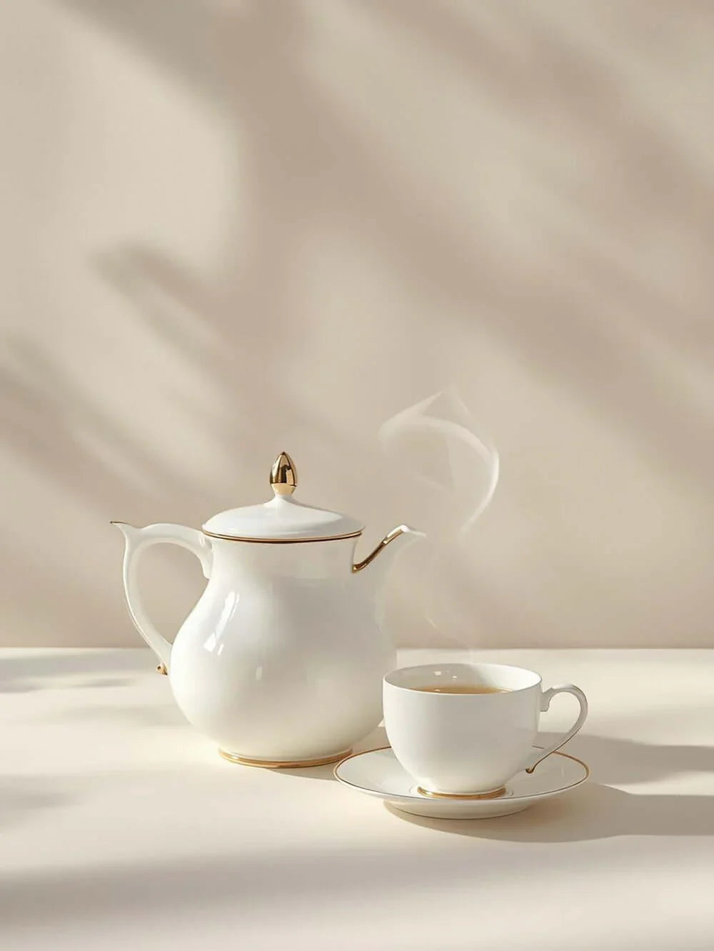 théière en porcelaine blanche avec finition en dorée et une tasse en porcelaine blanche et dorée