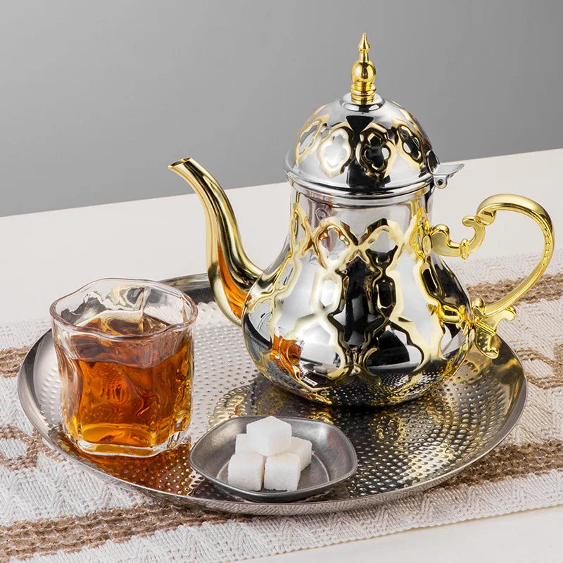 Théière “Amira” – Théière Marocaine en Acier Doré, Argenté ou Cuivré | 1,4 L