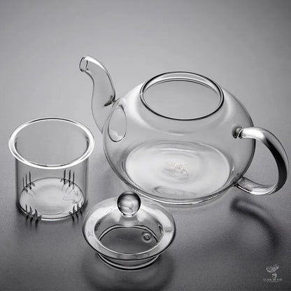 Théière Clara démontée : corps en verre, couvercle et infuseur amovible