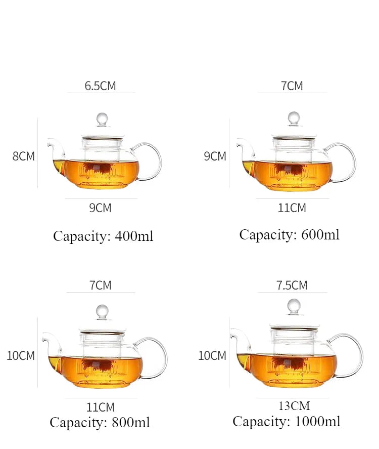 Théière Clara – tableau des capacités : 400 ml, 600 ml, 800 ml et 1000 ml