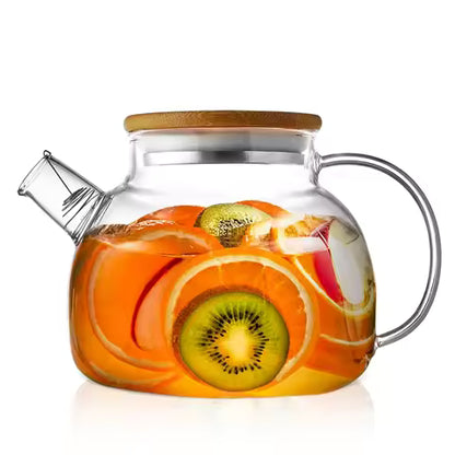 Théière Inès en verre borosilicate transparent, couvercle en bois