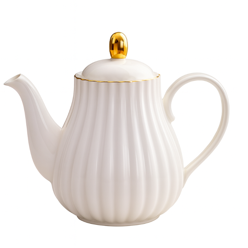 Théière Victoria en porcelaine émaillée, détails dorés, fond blanc